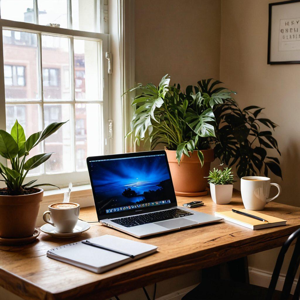 A cozy workspace with an inviting wooden desk displaying an open laptop, a steaming cup of coffee, colorful notebooks, and a plant for freshness. In the background, a wall adorned with inspirational quotes about creativity and blogging success. Soft morning light filtering through a window, creating a warm and motivating atmosphere. super-realistic. vibrant colors. cozy background.