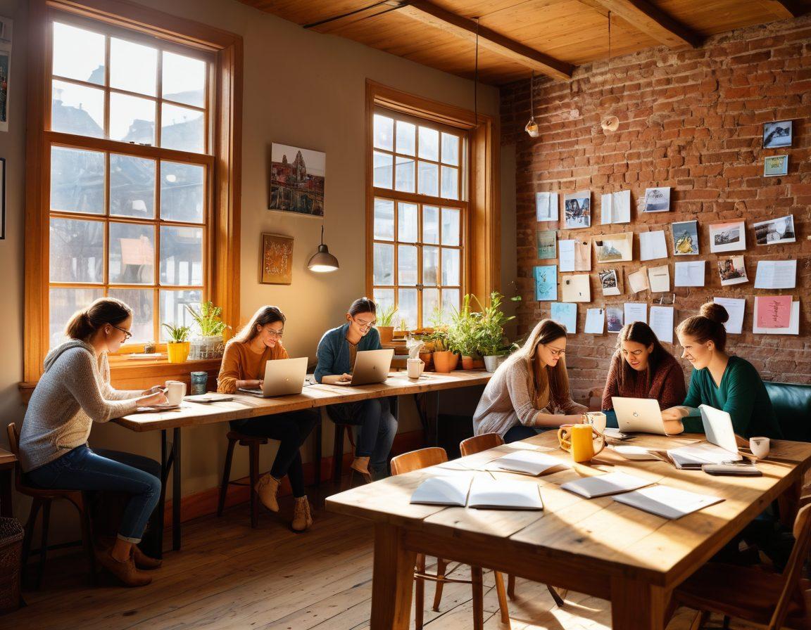 A vibrant scene depicting a diverse group of bloggers engaged in a lively discussion, with laptops and coffee mugs scattered around a cozy café setting. Include a bulletin board with pinned tips and ideas on community engagement. Sunlight streaming through the window adds warmth, enhancing the lively energy of collaboration. super-realistic. vibrant colors. cozy atmosphere.