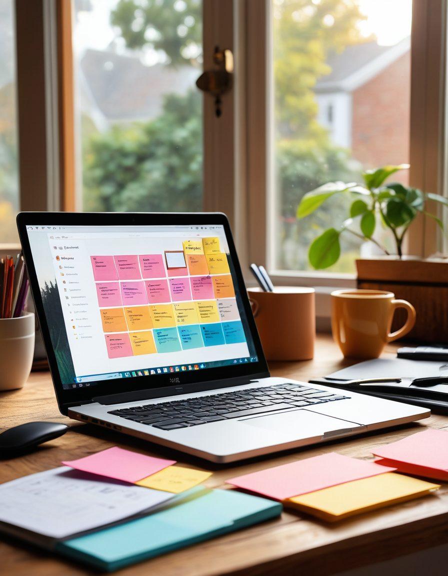 A digital workspace showcasing an array of essential blogging tools: a sleek laptop with an open blog post, colorful sticky notes, a high-quality camera, a microphone, and a coffee cup, all on a stylish desk. Bright sunlight filters through a window, illuminating the scene to create a warm, inviting atmosphere. super-realistic. vibrant colors. cozy environment.